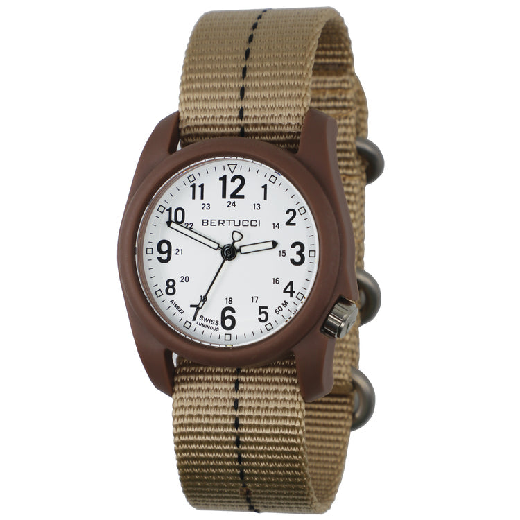 Bertucci DX® Plus™- White Dial, Defender Khaki w/ Black Dash Line Nylon Band