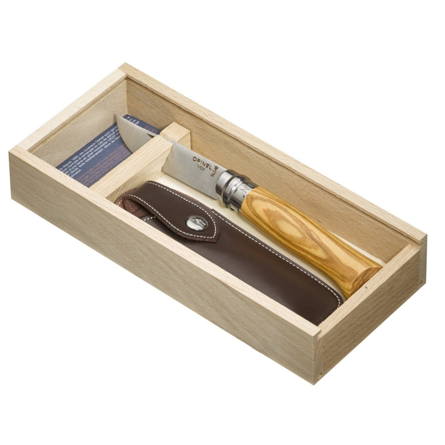 Opinel No. 08 Olive Wood Folding Knife with Sheath